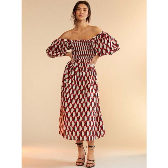 Cynthia Rowley Caprice Midi Dress Off The Shoulder Puff Sleeve Smocked Geometric - Picture 3 of 15